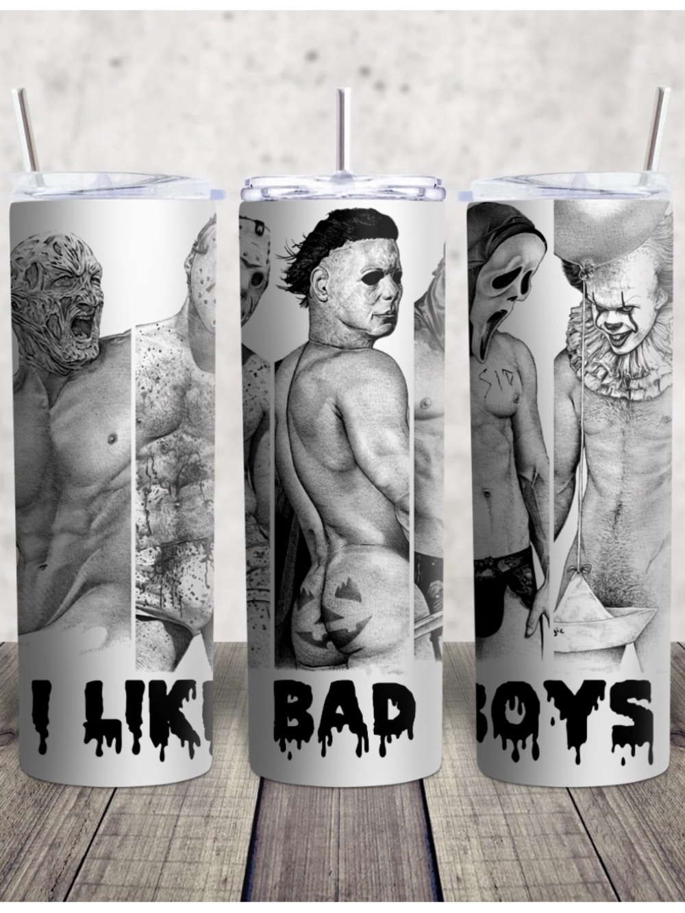 Hand Crafted Black and White Horror Character Skinny Tumbler - I Like Bad Boys